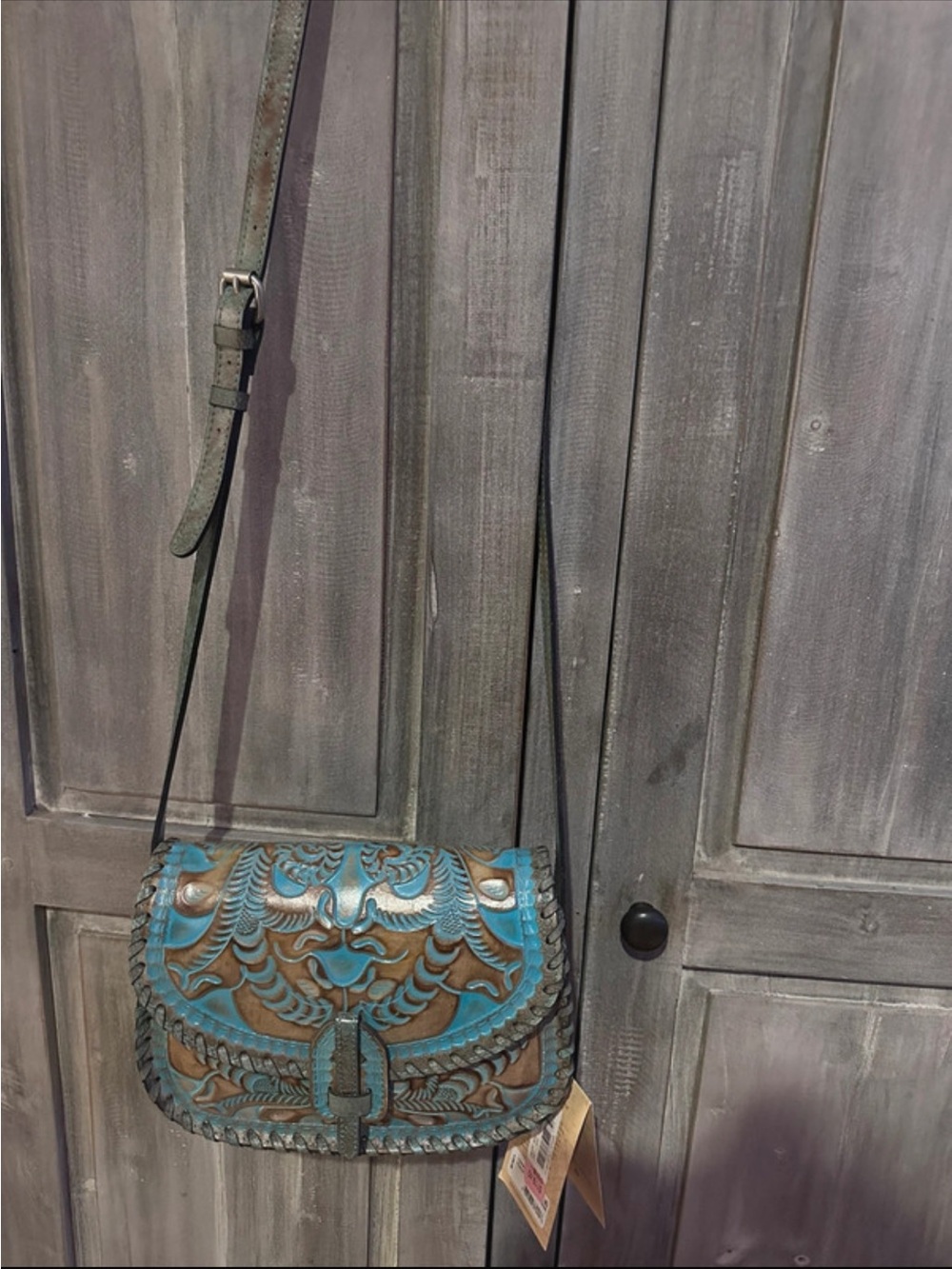 Patricia Nash Turquoise and Brown Tooled Leather Crossbody